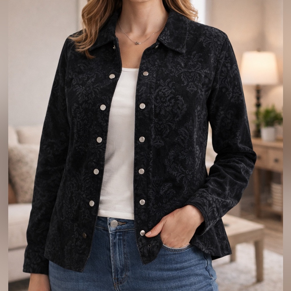 CJ Banks Black Floral Corduroy Jacket | Snap Front Blazer | Plus Size Business - Picture 1 of 5